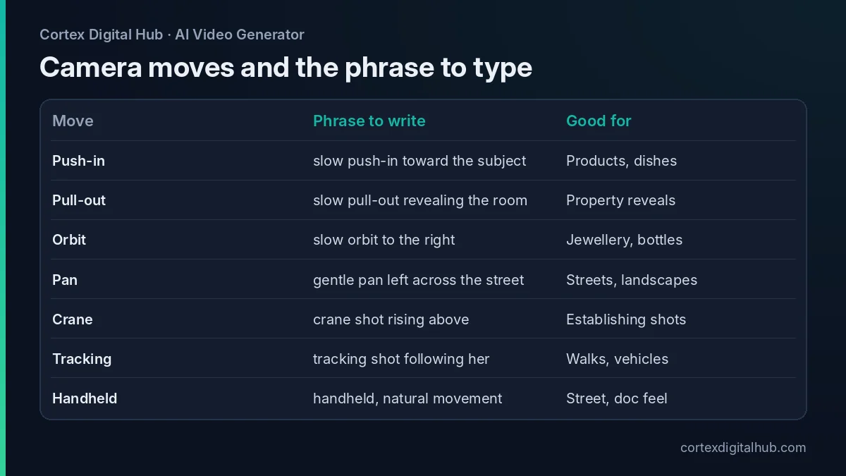 Cheat sheet of ten AI video camera movement prompts with the phrase to type for each move