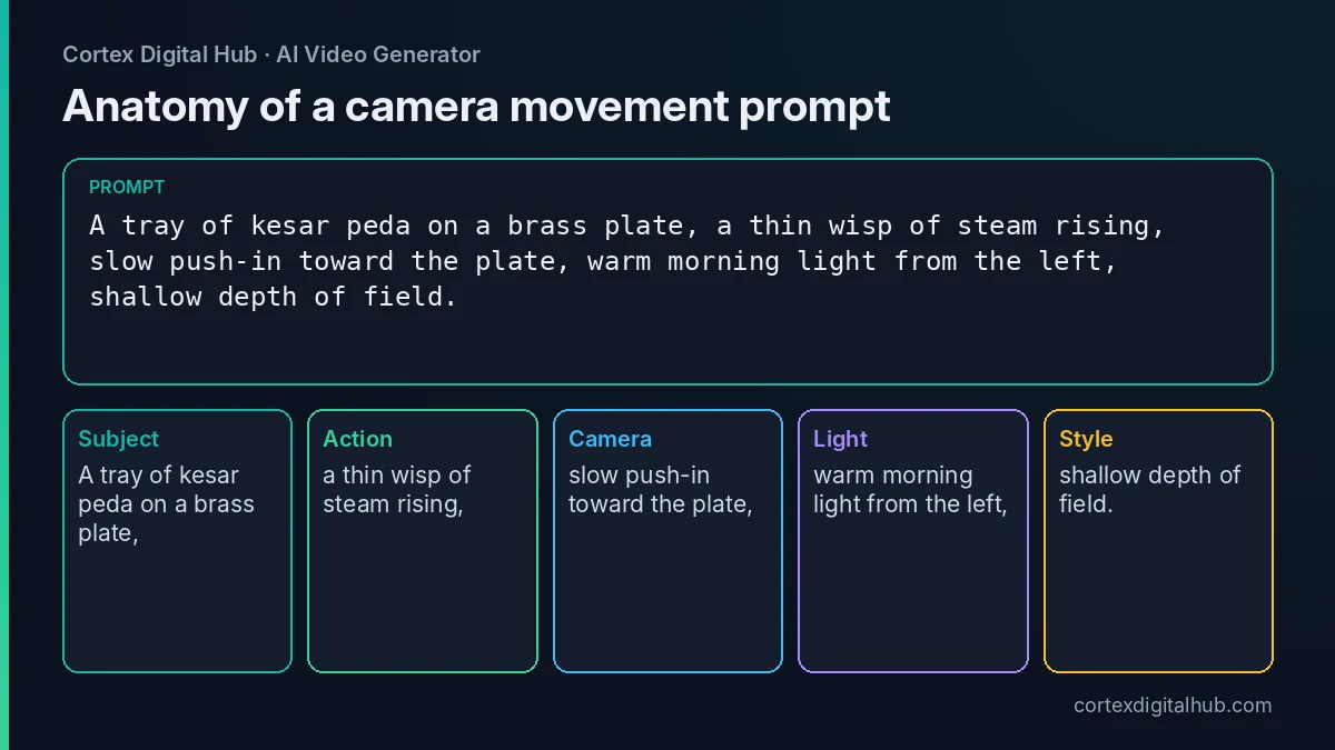 Prompt anatomy showing subject, action, camera and light parts of an AI video camera movement prompt