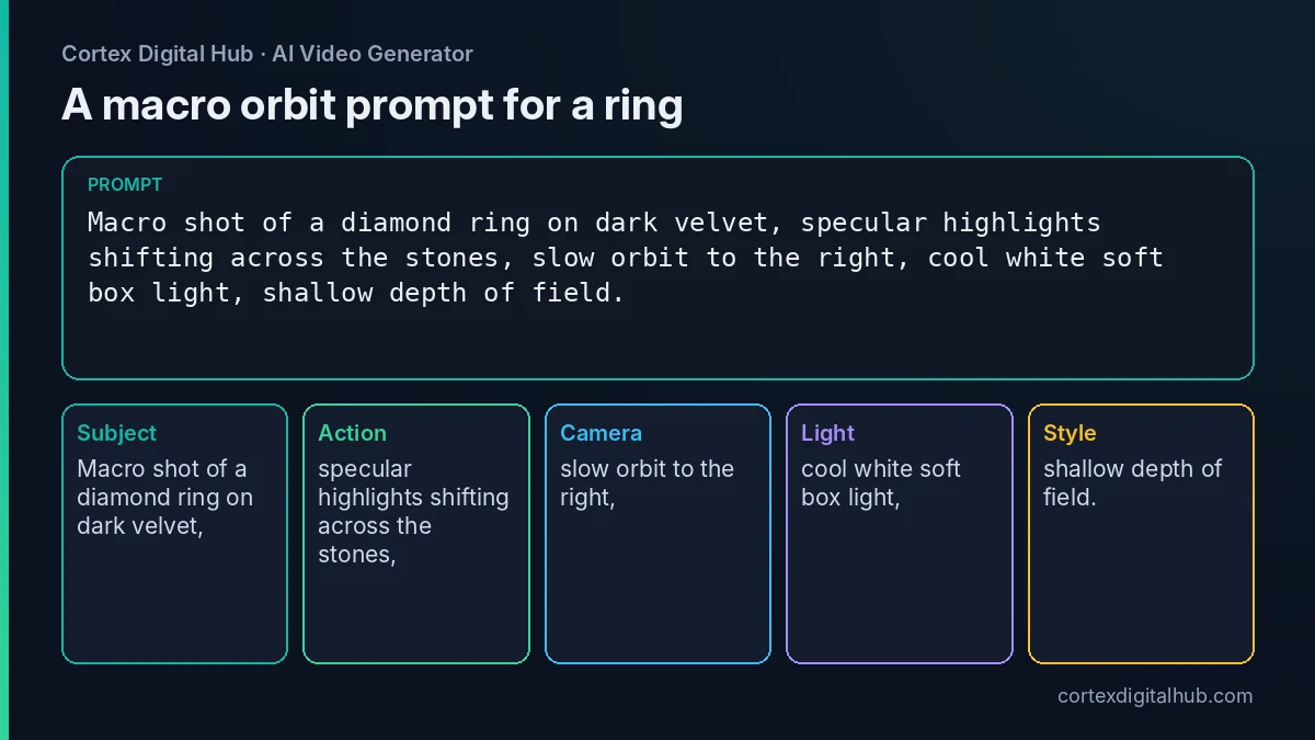 Jewellery AI video prompt split into subject, action, camera and light parts for a macro ring orbit