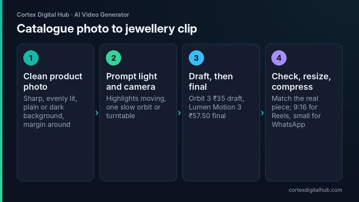 Steps to turn a jewellery catalogue photo into an AI video clip for Instagram and WhatsApp