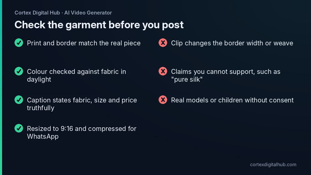 Checklist of what to check before posting AI video for fashion brands clips of sarees