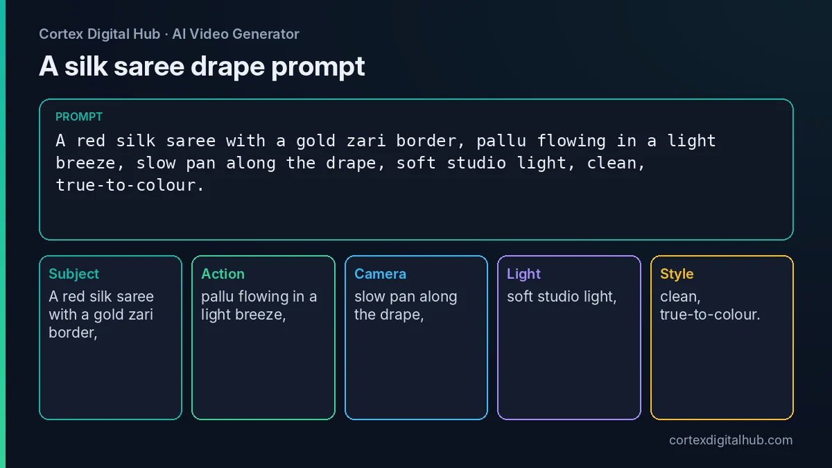 Fabric drape prompt for AI video for fashion brands, split into subject, action, camera and light