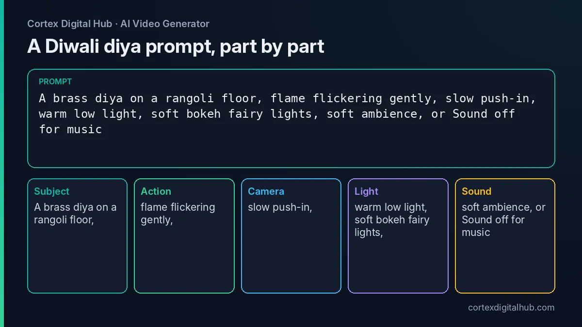 Diwali video maker prompt for a diya on a rangoli, split into subject, action, camera and light