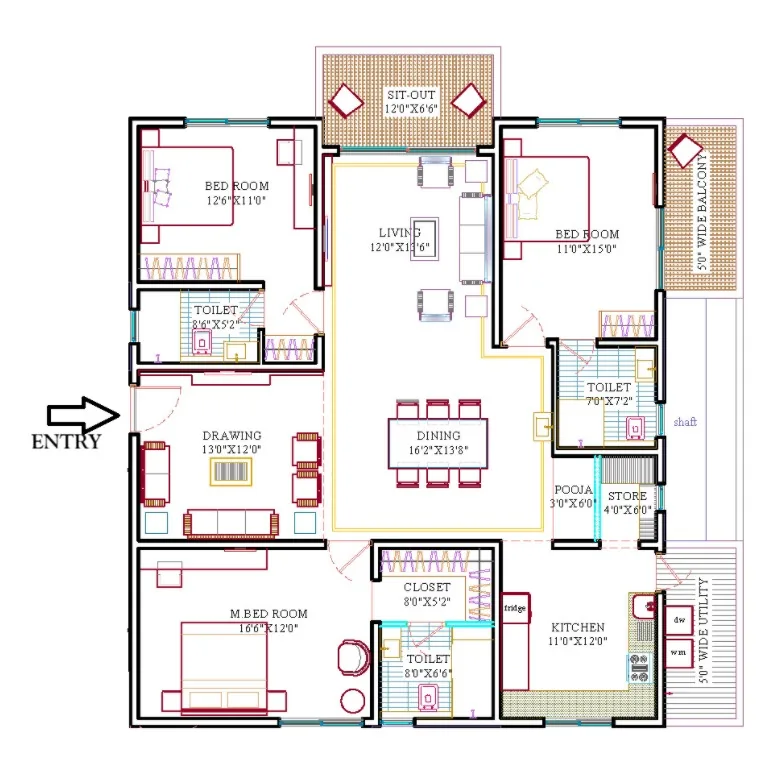 2D floor plan of a 3 BHK apartment