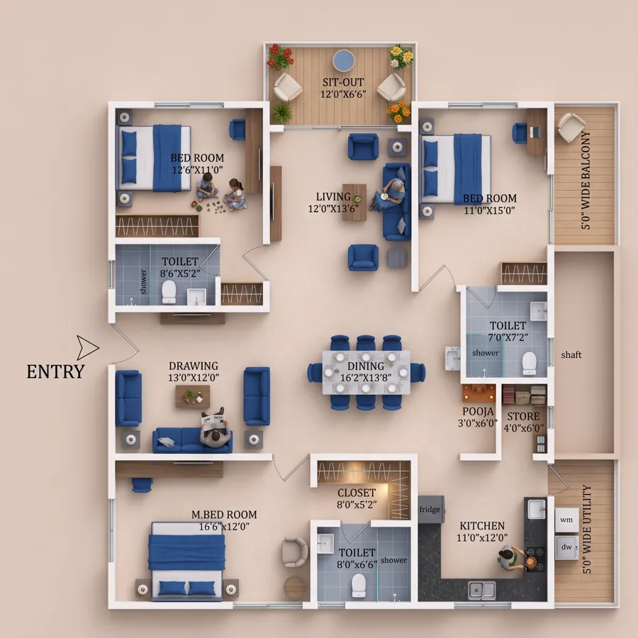 Photo-real 3D render of the same plan